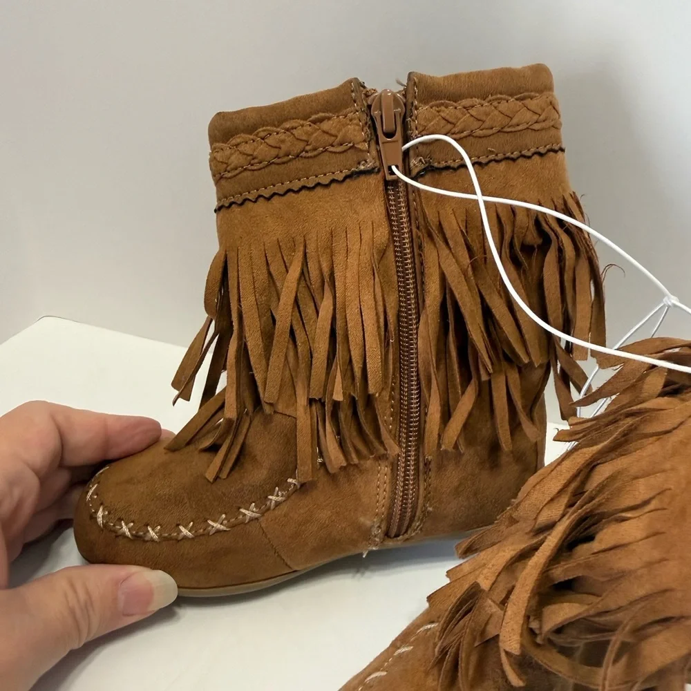 Rampage Girls Tan Double Fringe Suede Boots Bow and Bead Details. Side Zipper